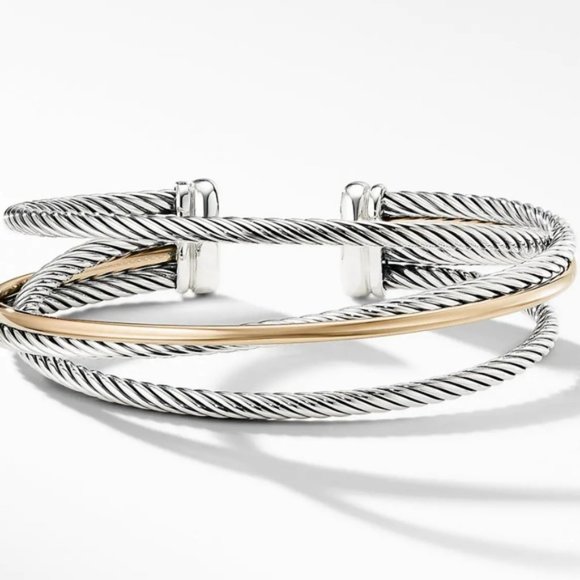 David Yurman Sterling Silver Crossover Three-row Cuff with 18k Gold Bracelet EUC - Picture 2 of 7